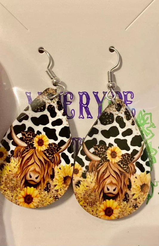 Sunflower Highland Cow Sublimation Earrings